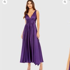 Mac Duggal Purple Ruched Top Satin Pleated Tea Length Dress